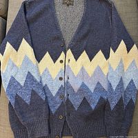 Full front view of cardigan showing colors, pattern, buttons