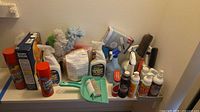 Shelf view of entire lot showing various cleaners, dusters, dustpan, brushes and cloths