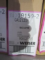 Label on Laurel GA12 L11P MS box showing model, finish and quantity