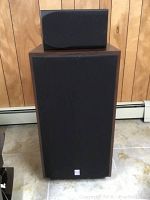 Front view of one large Cerwin Vega speaker with black fabric grille and wood veneer cabinet