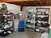 Photo of several plastic shelving units assembled with various household items on them showing shelving style and shelving unit count.