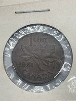 Reverse of 1951 Canadian 1-cent coin showing maple leaves and date