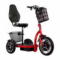 Side view of SHOK Zappy scooter showing comfort backrest seat, front basket and rear cargo tray