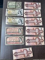 All nine banknotes laid out showing fronts for identification and count