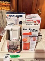 Hamilton Beach blender, Black & Decker grinder box, Moulinex chopper, partial Dash egg cooker box