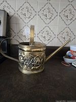 full view brass watering can showing embossed floral design, handle, and spout