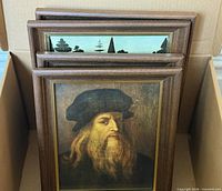 Box containing three framed old master art prints