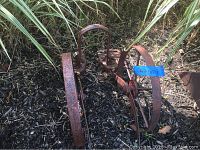 Front angle view of rusty red-painted two-wheeled antique farm implement with spoked wheels and curved metal bar stamped Plant Jr.