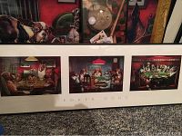 Photo of framed triptych print titled 'Poker Dogs' showing three separate images of dogs playing poker around different tables.