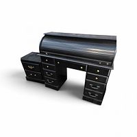 Matte black roll-top desk with pedestal drawers and nightstand