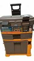 Front view of stacked Mastercraft rolling workshop showing top toolbox, drawers, bottom bin, wheels, and handle