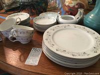 Full view of Moon Mist China dinnerware set including plates, cups, saucers, bowls, salad plates.