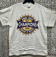 Full front view of off-white T-shirt displaying 2001 NBA Champions graphic