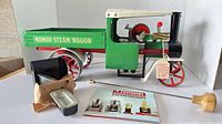 Overall view of Mamod steam wagon with all accessories displayed