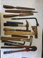 Overall view of all hand tools on towel