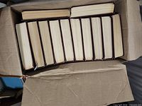 Box of multiple hardcover volumes arranged spine-up, showing page edges.
