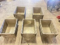 Five of the six Cater-CRATE plastic crates arranged open-top to show exterior condition