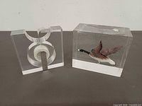 Front view of both acrylic items showing dispenser opening and goose image