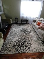Carpet spread inside a living room under natural light, showing entire carpet and surrounding furniture.