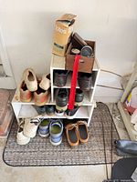Overall view of shelving with multiple shoe pairs and boxed overshoes