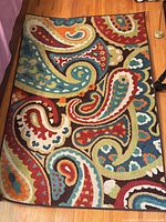Full view of rectangular multicolor paisley area rug on hardwood floor