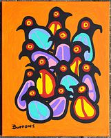 Front view of acrylic painting with stylized birds, signature visible