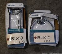 Front view of both Moen Aspen boxed accessories showing models 5808CH and 588CH