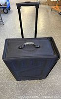 Suitcase front view showing telescopic handle and wheels