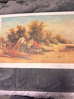 Print of Indigenous campsite with canoes and tents on sandy ground