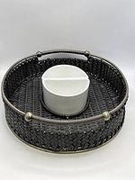 Overall view of woven tray with two dip bowls inside