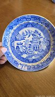 front view of blue and white Willow pattern porcelain plate showing design and rim chip