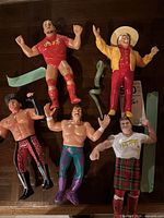 Front view of all five wrestling figures with accessories visible