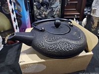 Side view of cast iron teapot showing dragon and floral relief, lid and handle, box beneath