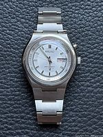 Front view of Seiko Bell-Matic watch showing dial, case and bracelet