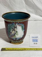 Full view of cloisonné vase showing exterior design and scale reference card