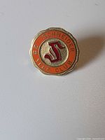 Front view of Schneider 25 Year Club pin showing design and enamel details