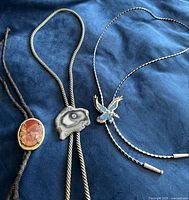 Three bolo ties laid out showing slides, cords and tips