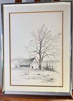Full view of framed drawing showing subject, mat and metal frame