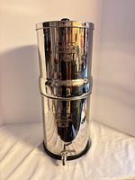 Full view of polished stainless steel Big Berkey two-chamber filter with spigot