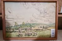 Full view of framed watercolor & ink pastoral landscape