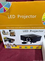 Retail box front showing LED Projector branding and marketing text