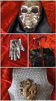 Collage showing skull mask, werewolf glove, headscarf, boot covers, breastplate