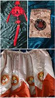 Collage showing knot tassel, embroidered bag and partial kimono