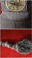 Close-up of Durango & Silverton patch on blue-white pinstripe engineer cap and separate view of coonskin tail