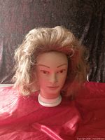 Front view of wig on mannequin head showing color and wave pattern