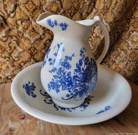 Pitcher placed in basin showing front floral pattern