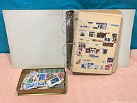 Binder open showing mounted stamps and box of loose stamps