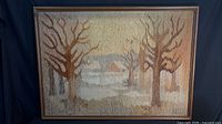 Full view of framed hooked wool winter landscape