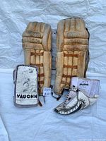 Front view of DR pads, Vaughn blocker, Heaton mitt
