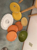 All pieces laid out: platter, six plates, salad bowl